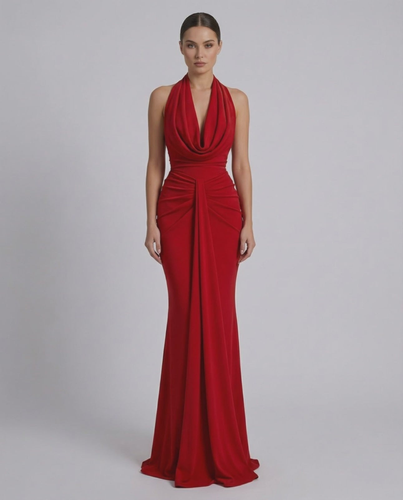 Celeste Maxi Dress by Lauven, elegant red satin silhouette designed for formal occasions.
