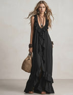 Solenne Maxi Dress by Lauven — chiffon sleeveless V-neck loose maxi dress with ruffle detail