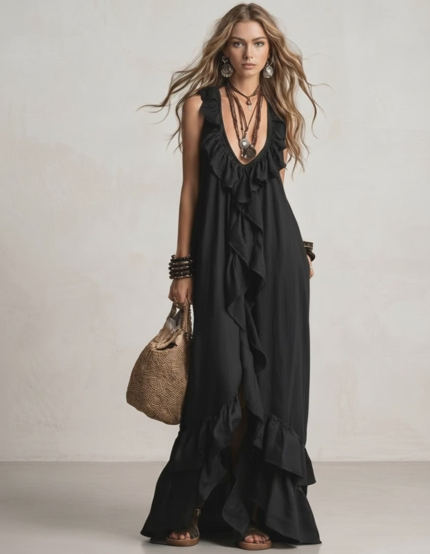 Solenne Maxi Dress by Lauven — chiffon sleeveless V-neck loose maxi dress with ruffle detail