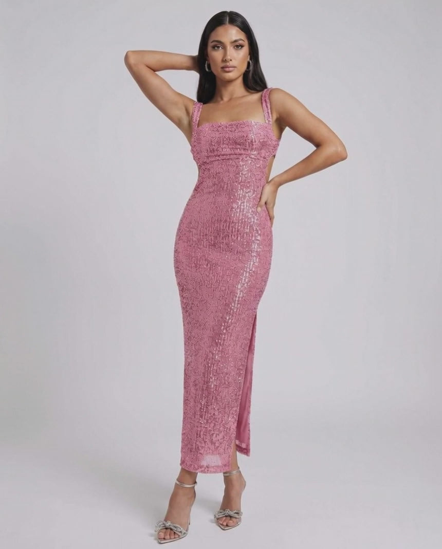 Mira Midi Dress by Lauven in pink sequined elegance with backless detail and chic square neckline.