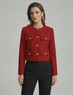 Soleil Jacket by Lauven, vibrant red wool blend jacket with gold buttons, tailored silhouette for a sophisticated style.