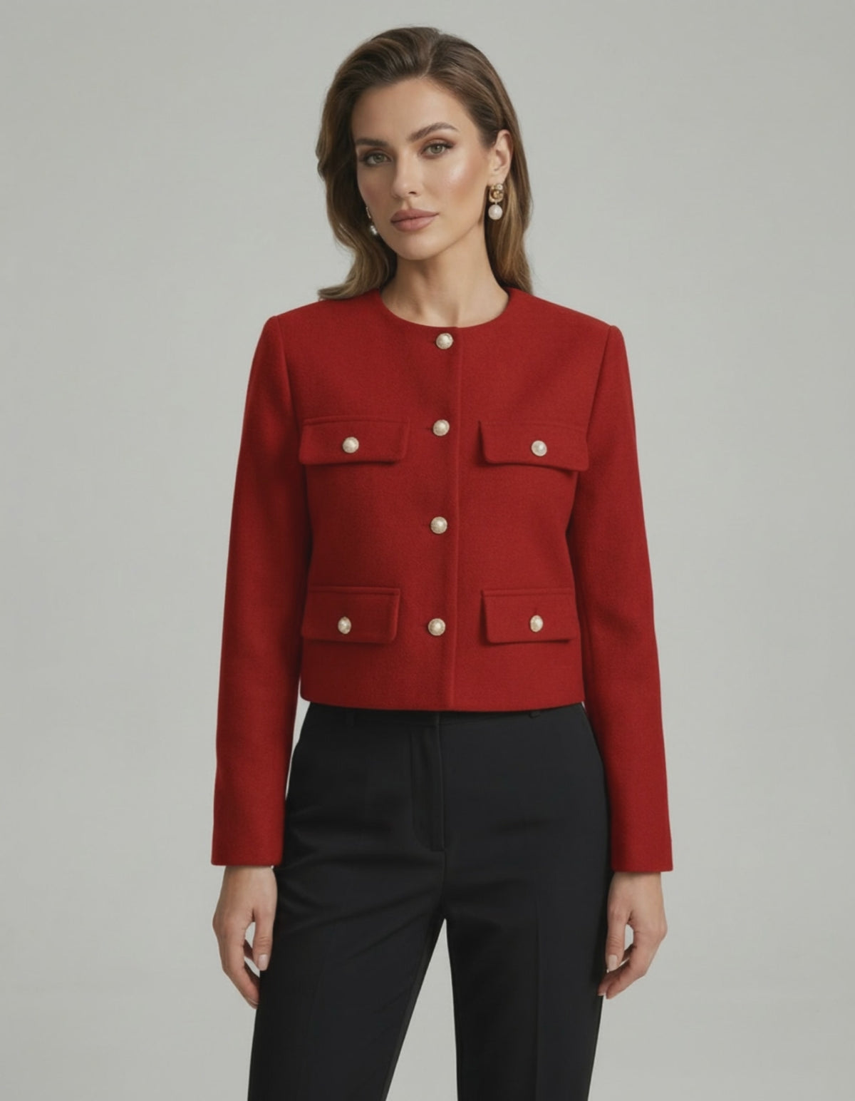 Soleil Jacket by Lauven, vibrant red wool blend jacket with gold buttons, tailored silhouette for a sophisticated style.