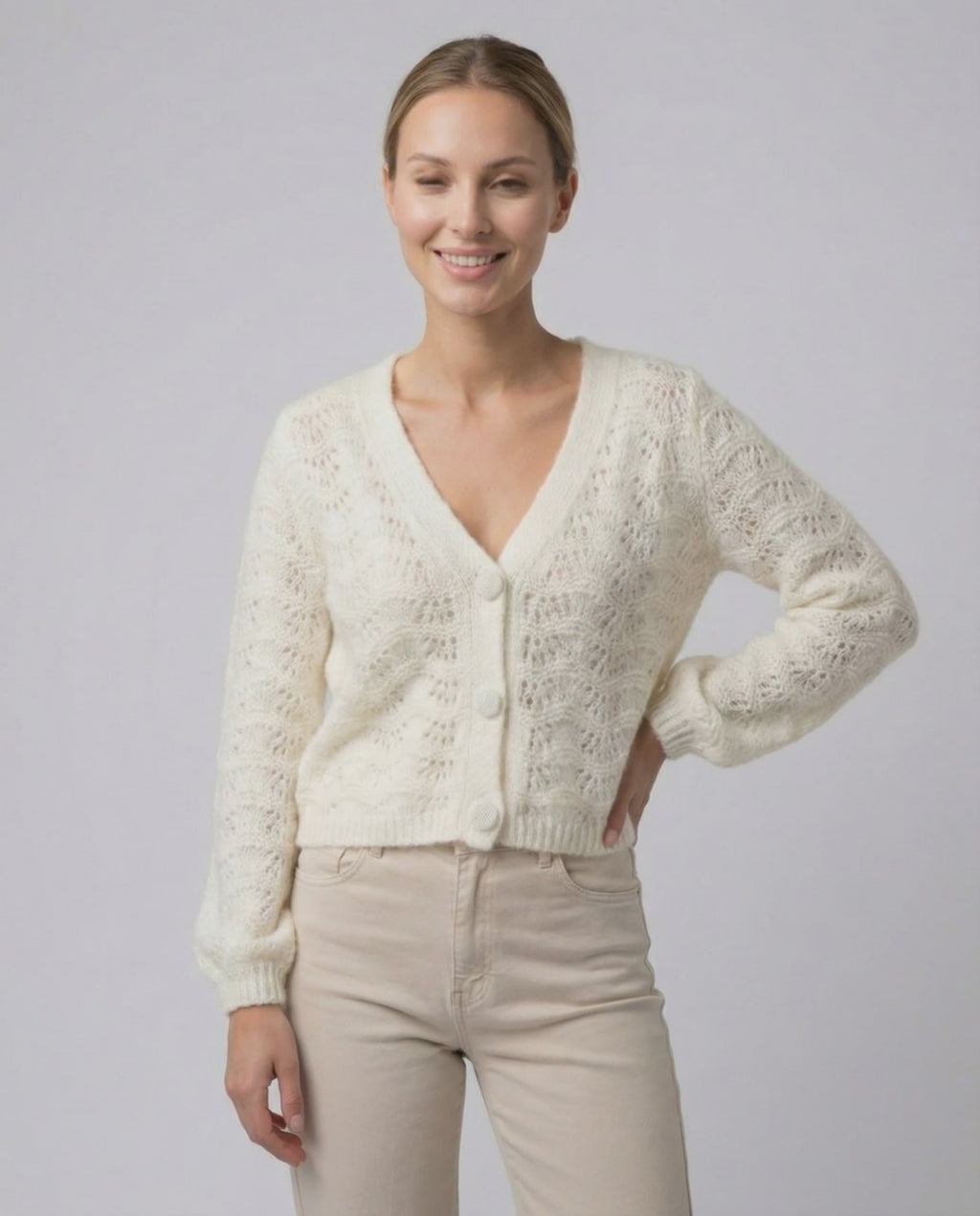 Sienna Cardigan - Lauven women's V-neck cardigan sweater with hollow out knit, long sleeves and elegant style.