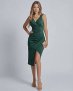 Celeste Midi Dress by Lauven, elegant green satin wrap dress with V neckline and stylish skirt slit.