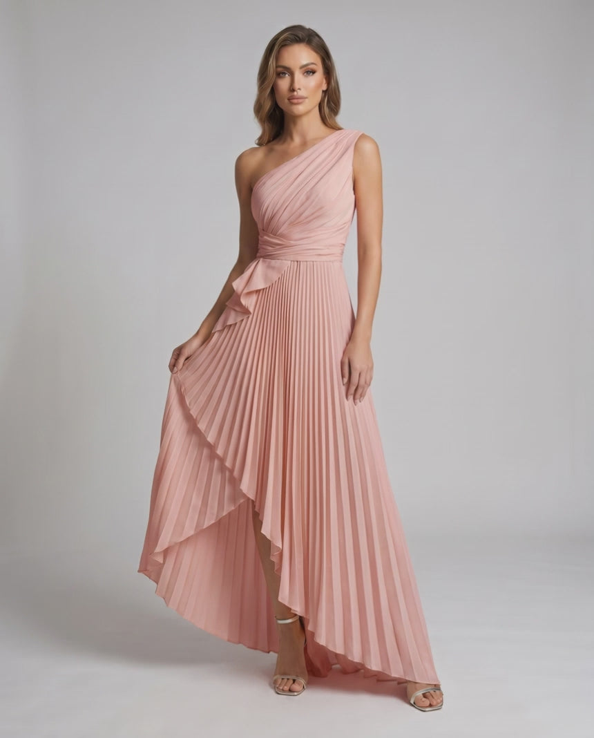 Aureline Maxi Dress by Lauven — pleated satin one shoulder A-line maxi dress with ruffle slit