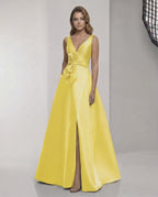 Solenne Maxi Dress – Yellow satin A-line with V-neck, bow detail; elegant and radiant from Lauven.