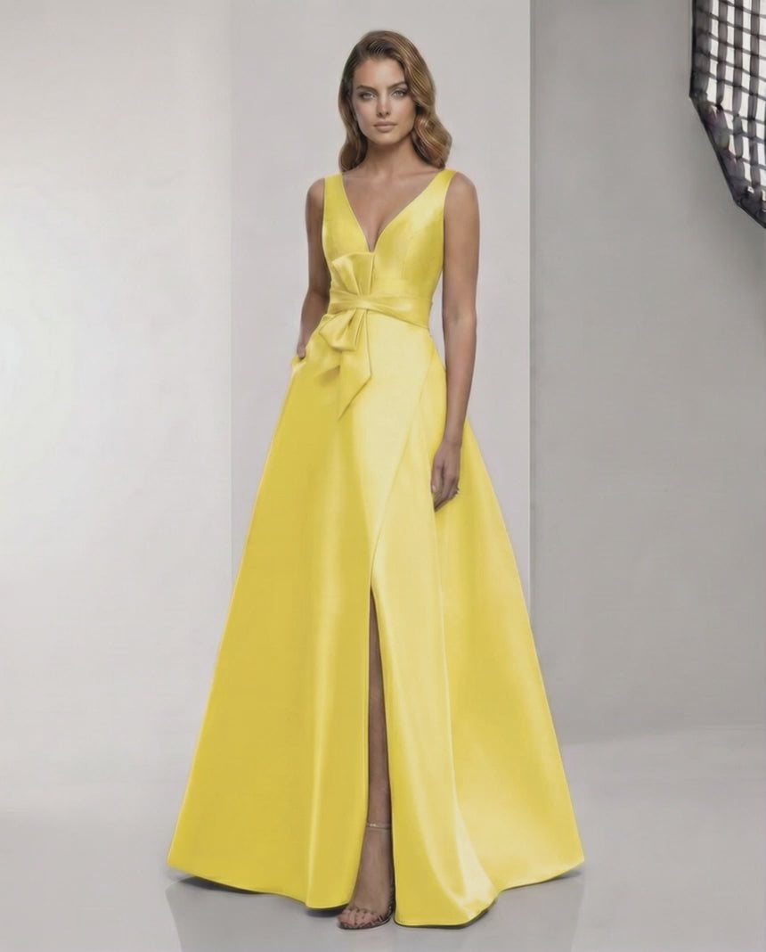Solenne Maxi Dress – Yellow satin A-line with V-neck, bow detail; elegant and radiant from Lauven.