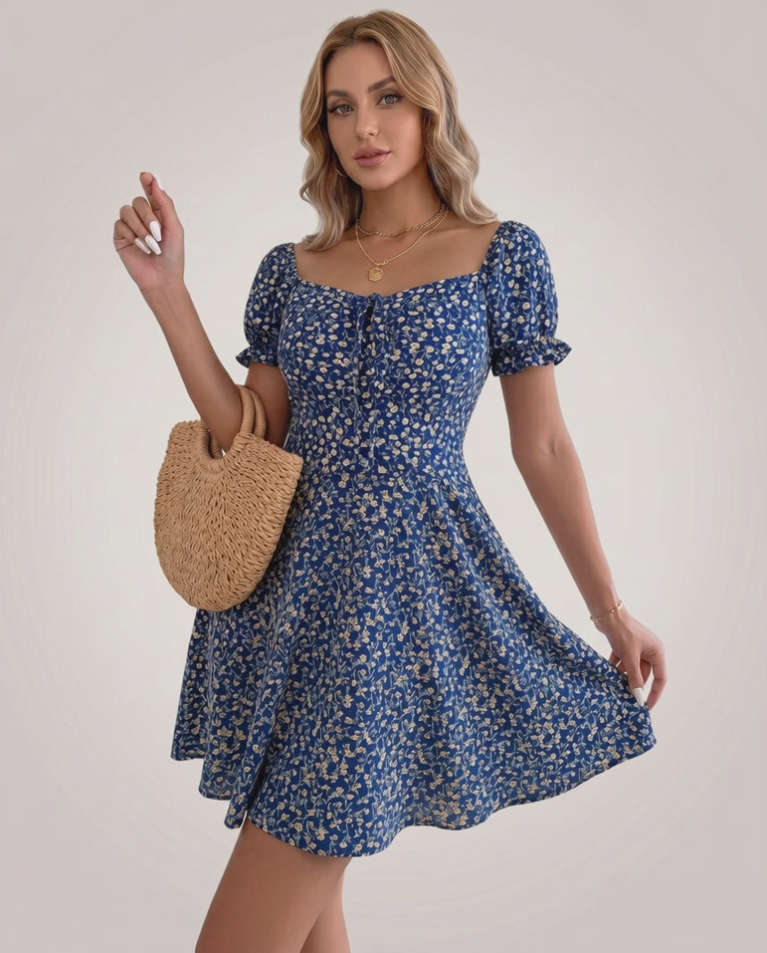 Florienne Mini Dress by Lauven — chiffon puff sleeve square neck A-line mini dress