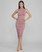 Lauven Serena Midi Dress showcasing a sleek ruched design, sleeveless with mock neck, perfect for evening events.