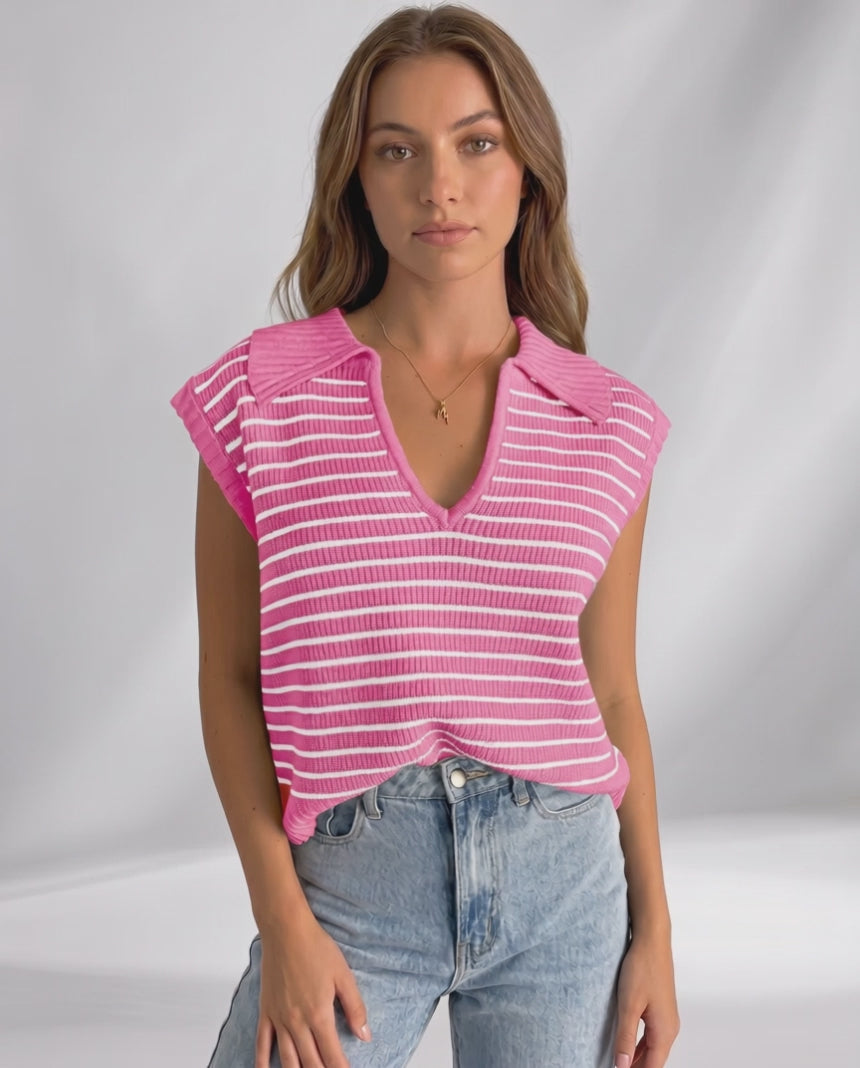 Solvane T-Shirt by Lauven — women’s ribbed striped T-shirt with lapel collar and V-neck knit design