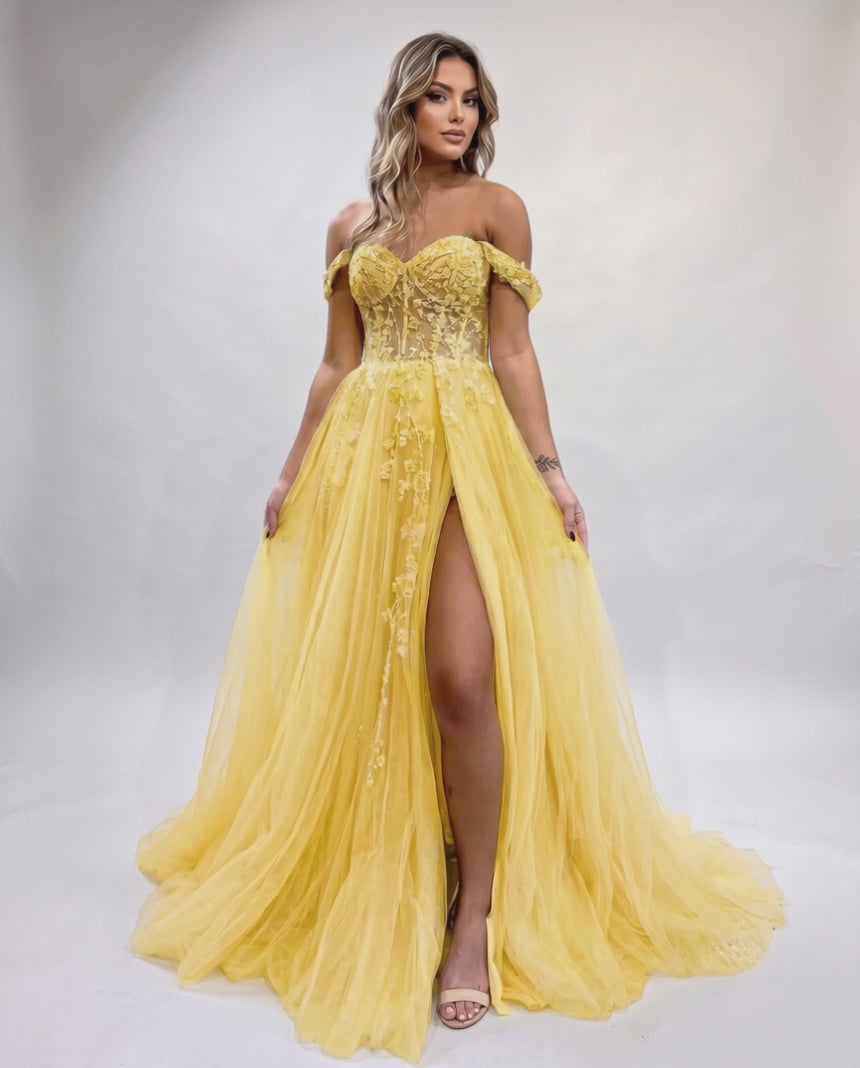 Celestia Maxi Dress by Lauven — tulle lace off-shoulder sweetheart A-line maxi dress