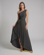 Aureline Maxi Dress by Lauven — pleated satin one shoulder A-line maxi dress with ruffle slit