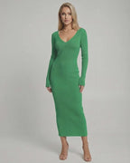 Ivy Midi Dress - Elegant green ribbed V-neck knit dress by Lauven, perfect for a stylish autumn and winter wardrobe.