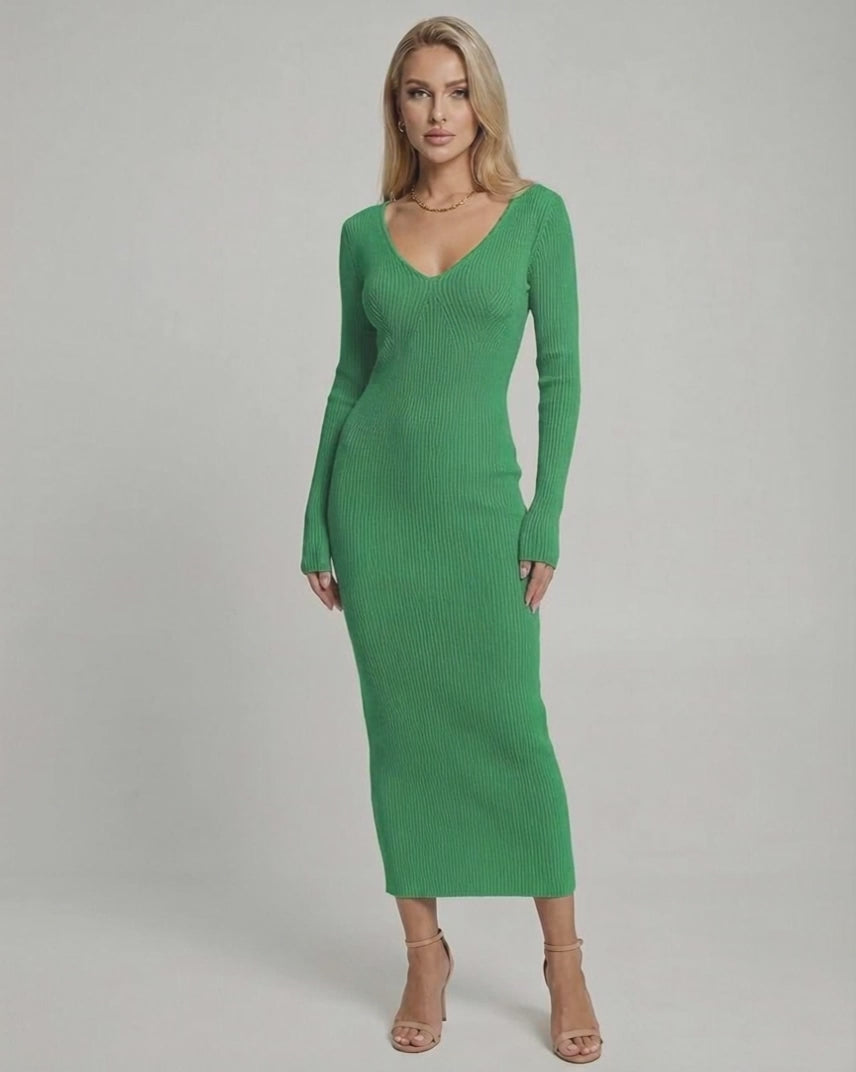 Ivy Midi Dress - Elegant green ribbed V-neck knit dress by Lauven, perfect for a stylish autumn and winter wardrobe.