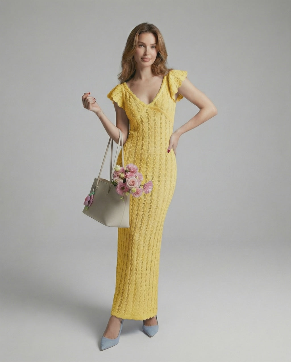 Model wearing the Solara Maxi Dress by Lauven, a vibrant yellow lace dress with V-neck and ruffle sleeves.