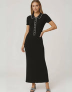 Monaco Maxi Dress by Lauven – Women's black ribbed knit dress featuring button-front detail and structured collar.