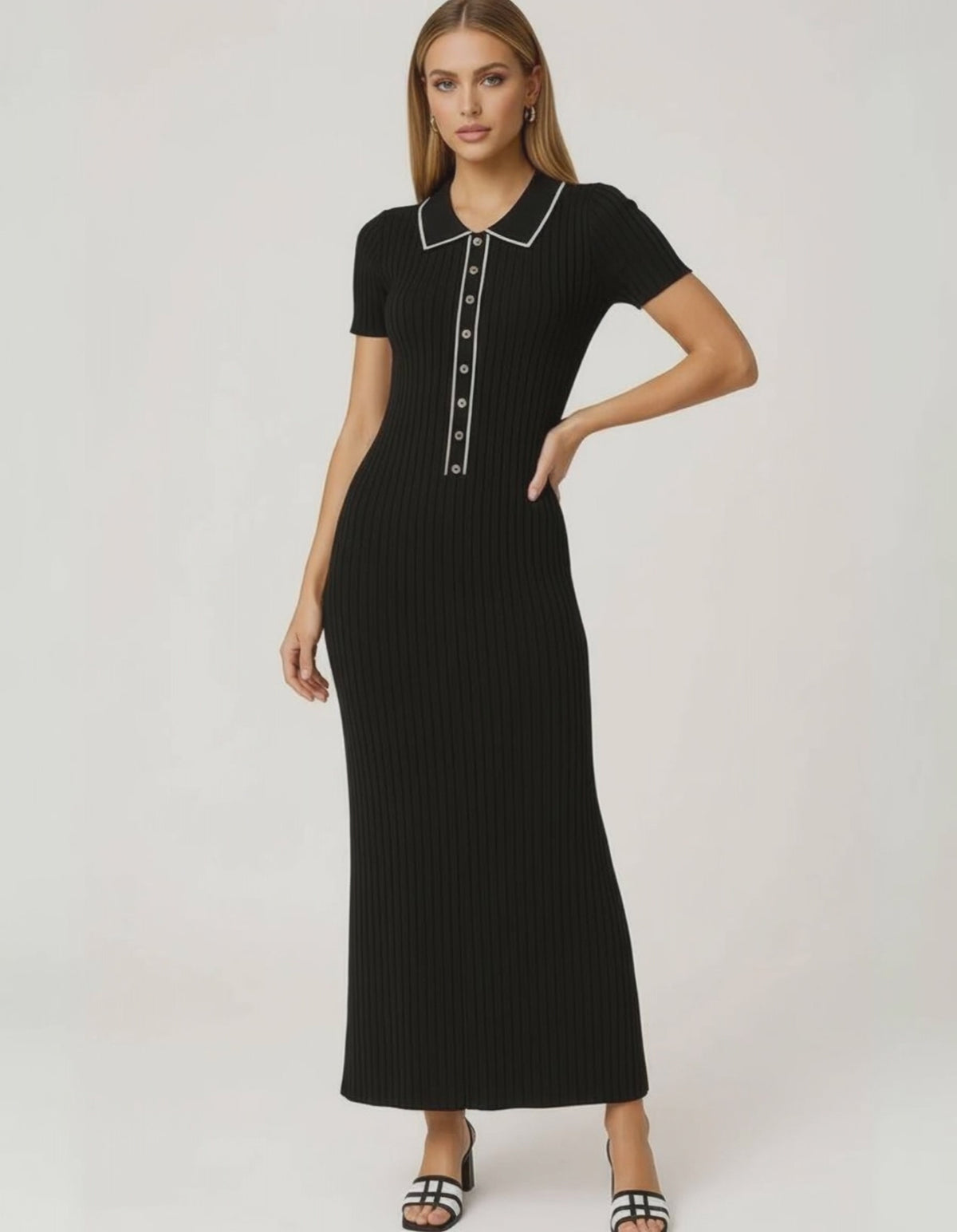 Monaco Maxi Dress by Lauven – Women's black ribbed knit dress featuring button-front detail and structured collar.