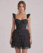 Celestia Mini Dress by Lauven — layered tulle sweetheart A-line mini dress with spaghetti straps