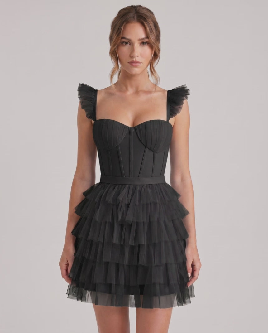 Celestia Mini Dress by Lauven — layered tulle sweetheart A-line mini dress with spaghetti straps