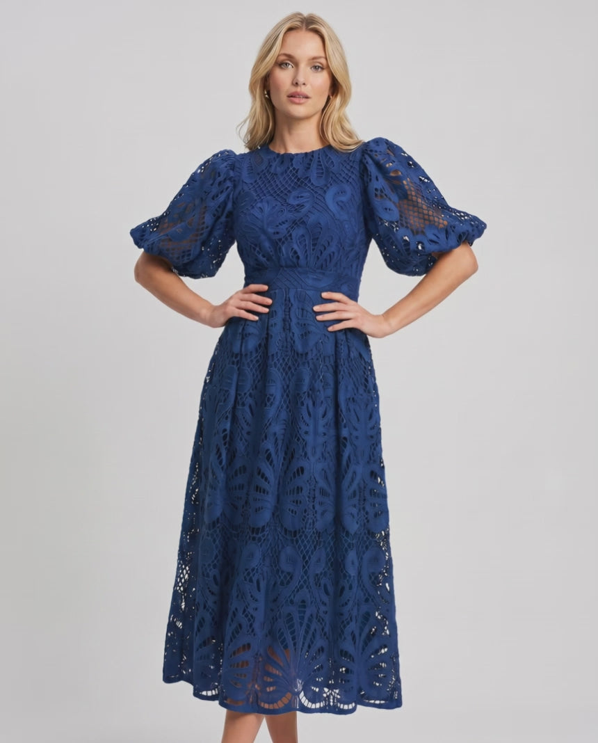 Valmere Midi Dress by Lauven — lace bubble sleeve round neck A-line midi dress