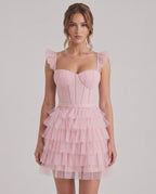 Celestia Mini Dress by Lauven — layered tulle sweetheart A-line mini dress with spaghetti straps