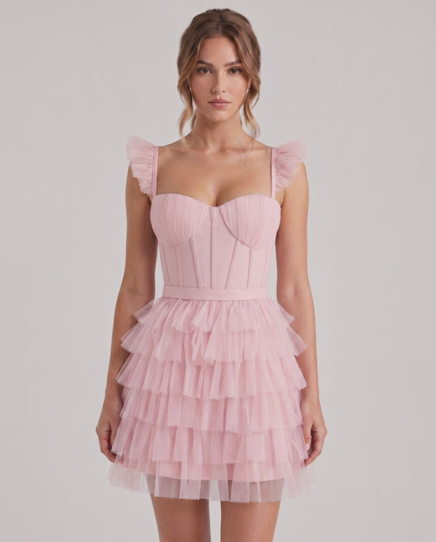 Celestia Mini Dress by Lauven — layered tulle sweetheart A-line mini dress with spaghetti straps