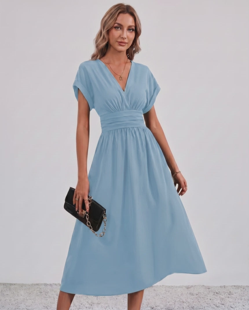 Aurea Midi Dress by Lauven — lightweight woven batwing sleeve V-neck A-line midi dress