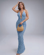 Lunara Maxi Dress featuring a halter V-neck, textured polyester, and a sleek silhouette from Lauven.