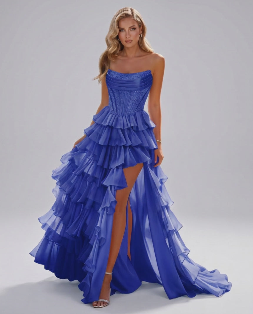 Celestia Maxi Dress by Lauven — organza strapless corset tiered maxi dress