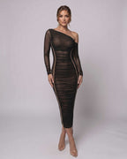 Veloura Midi Dress by Lauven — one shoulder long sleeve ruched bodycon midi dress