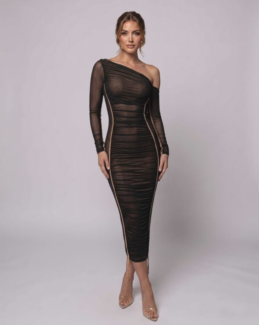 Veloura Midi Dress by Lauven — one shoulder long sleeve ruched bodycon midi dress