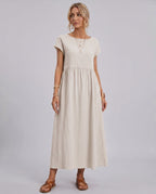 Solenne Midi Dress by Lauven — cotton linen short sleeve o-neck loose midi dress