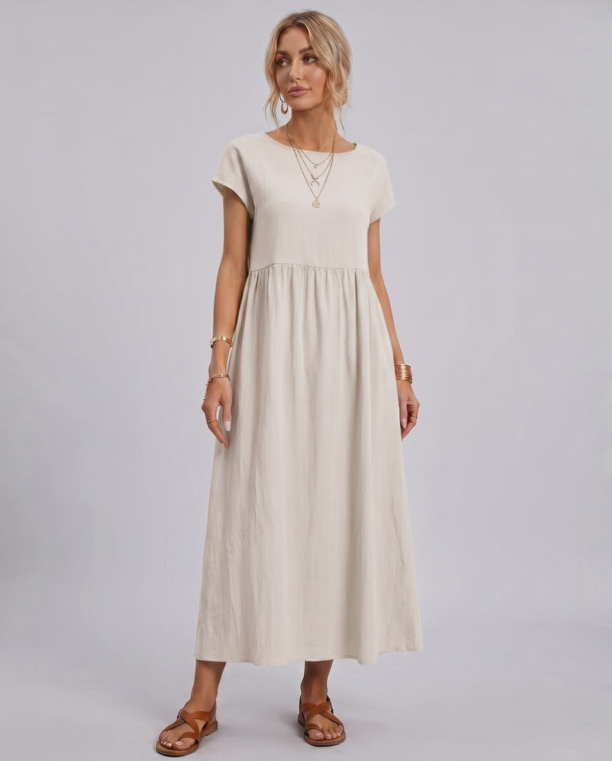 Solenne Midi Dress by Lauven — cotton linen short sleeve o-neck loose midi dress
