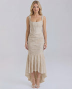 Sable Maxi Dress by Lauven featuring an elegant square neckline and pleated fish tail hem in soft nude tone.