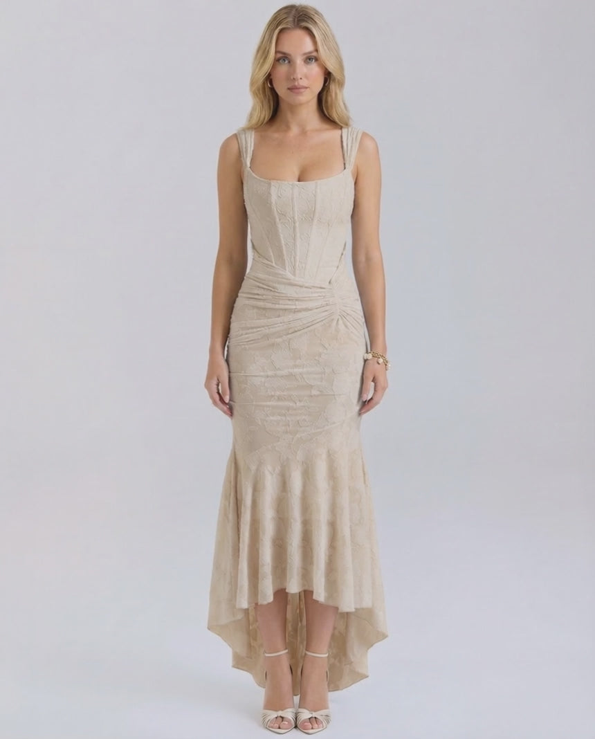 Sable Maxi Dress by Lauven featuring an elegant square neckline and pleated fish tail hem in soft nude tone.