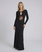 Elysian Maxi Dress by Lauven, elegant black cotton blend with hollow-out details and long sleeves.