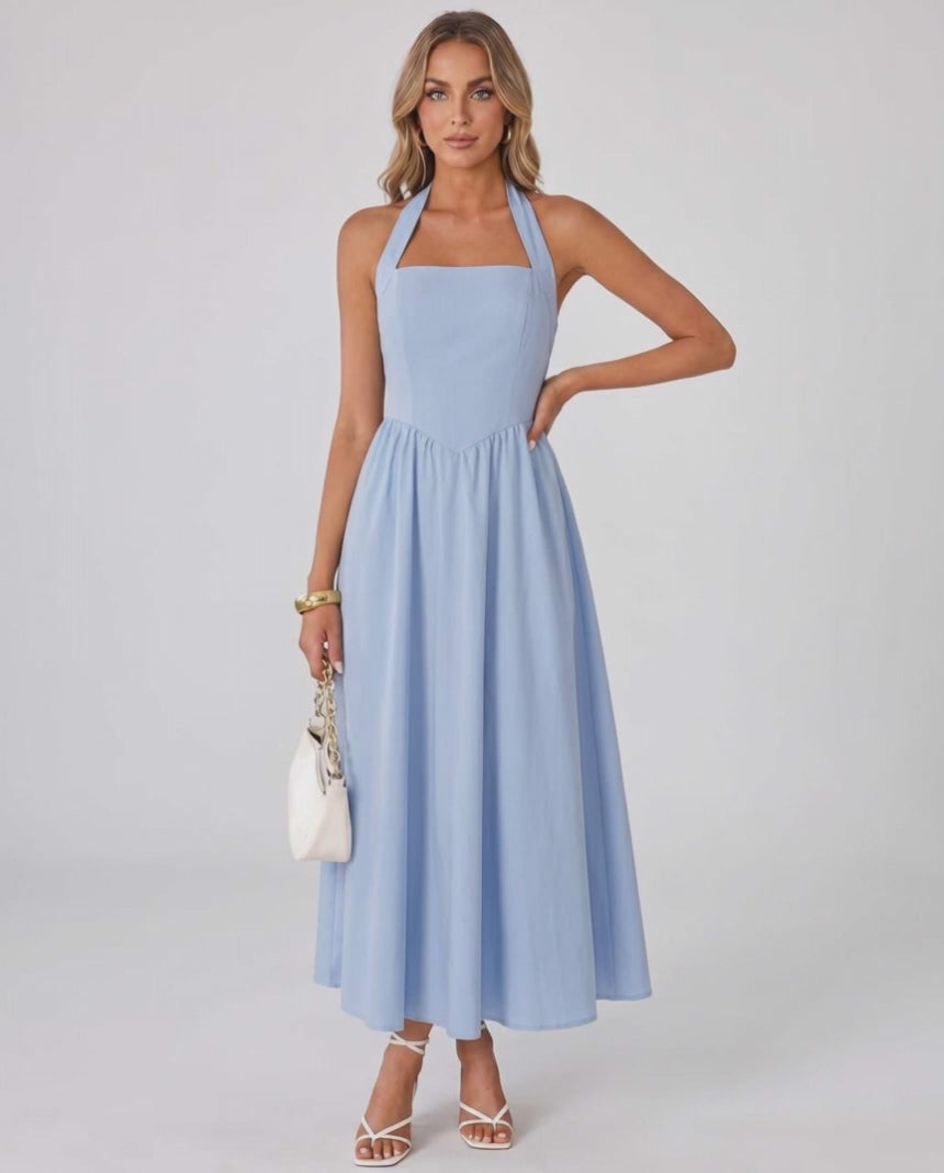 Veloura Midi Dress by Lauven — satin blend sleeveless square neck A-line midi dress