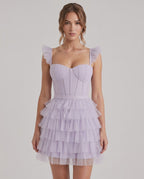 Celestia Mini Dress by Lauven — layered tulle sweetheart A-line mini dress with spaghetti straps