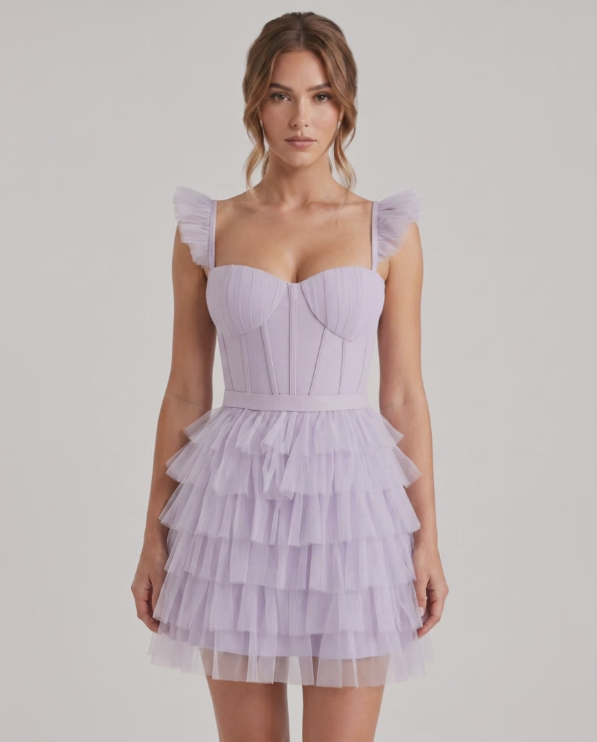 Celestia Mini Dress by Lauven — layered tulle sweetheart A-line mini dress with spaghetti straps