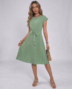Lunessa Midi Dress by Lauven — pleated chiffon cap sleeve round neck midi dress