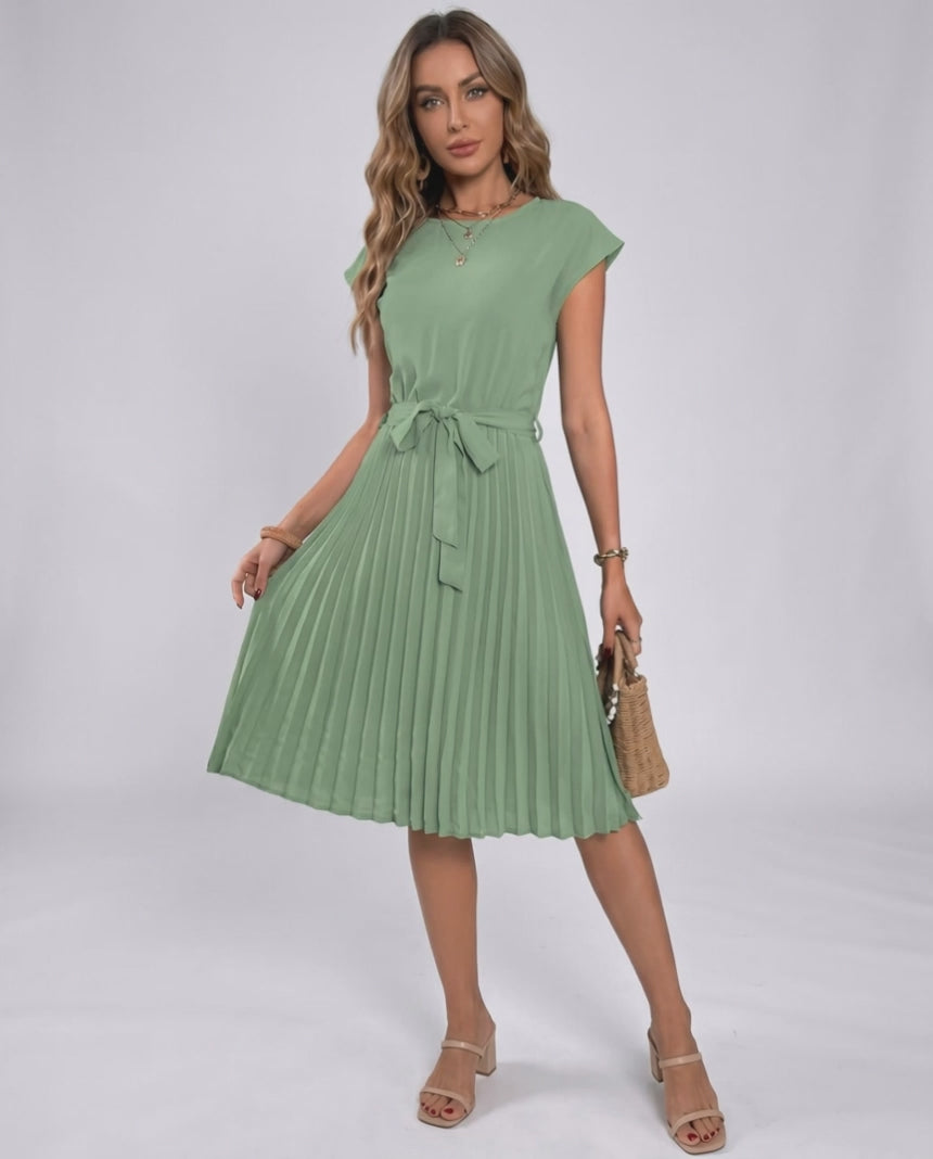 Lunessa Midi Dress by Lauven — pleated chiffon cap sleeve round neck midi dress