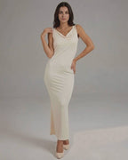 Celeste Maxi Dress, cream sleeveless cowl neck, flowing silhouette, by Lauven.
