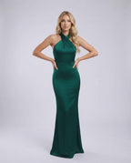 Selene Maxi Dress - Elegant emerald green satin gown with halter detail, perfect for refined occasionwear by Lauven.