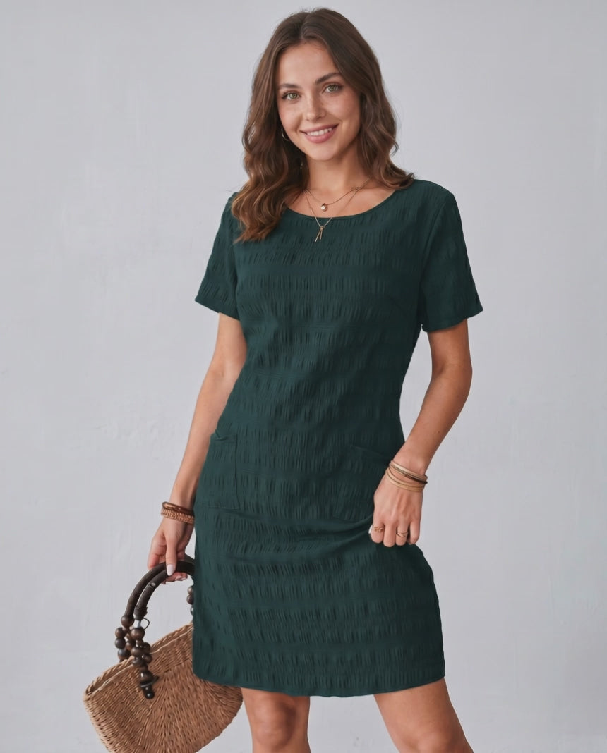 Avelin Mini Dress in textured fabric, round neckline, short sleeves, ideal for warm weather by Lauven.