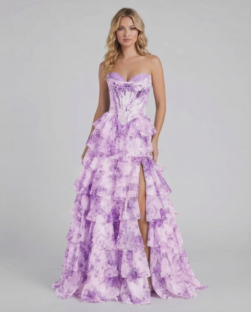 Violetta Maxi Dress by Lauven, elegant purple floral tiered chiffon gown with structured corset bodice and high slit.