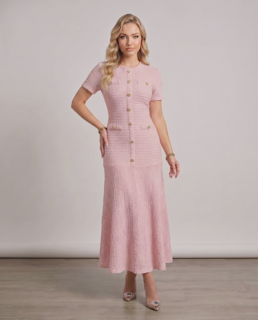Aureline Maxi Dress by Lauven, textured knit with round neck, gently flared hem, smooth finish, ideal for modern wardrobes.