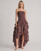 Celestia Maxi Dress by Lauven — chiffon strapless sleeveless tiered high-low maxi dress