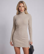 Veloura Mini Dress by Lauven — ribbed knit long sleeve high neck slim fit mini dress