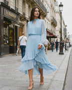 Elara Midi Dress by Lauven — chiffon long sleeve keyhole neck A-line pleated midi dress