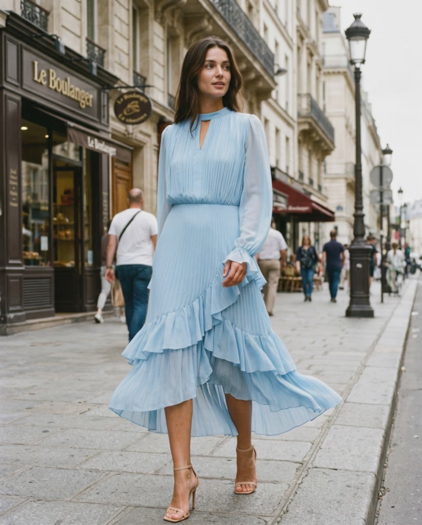 Elara Midi Dress by Lauven — chiffon long sleeve keyhole neck A-line pleated midi dress